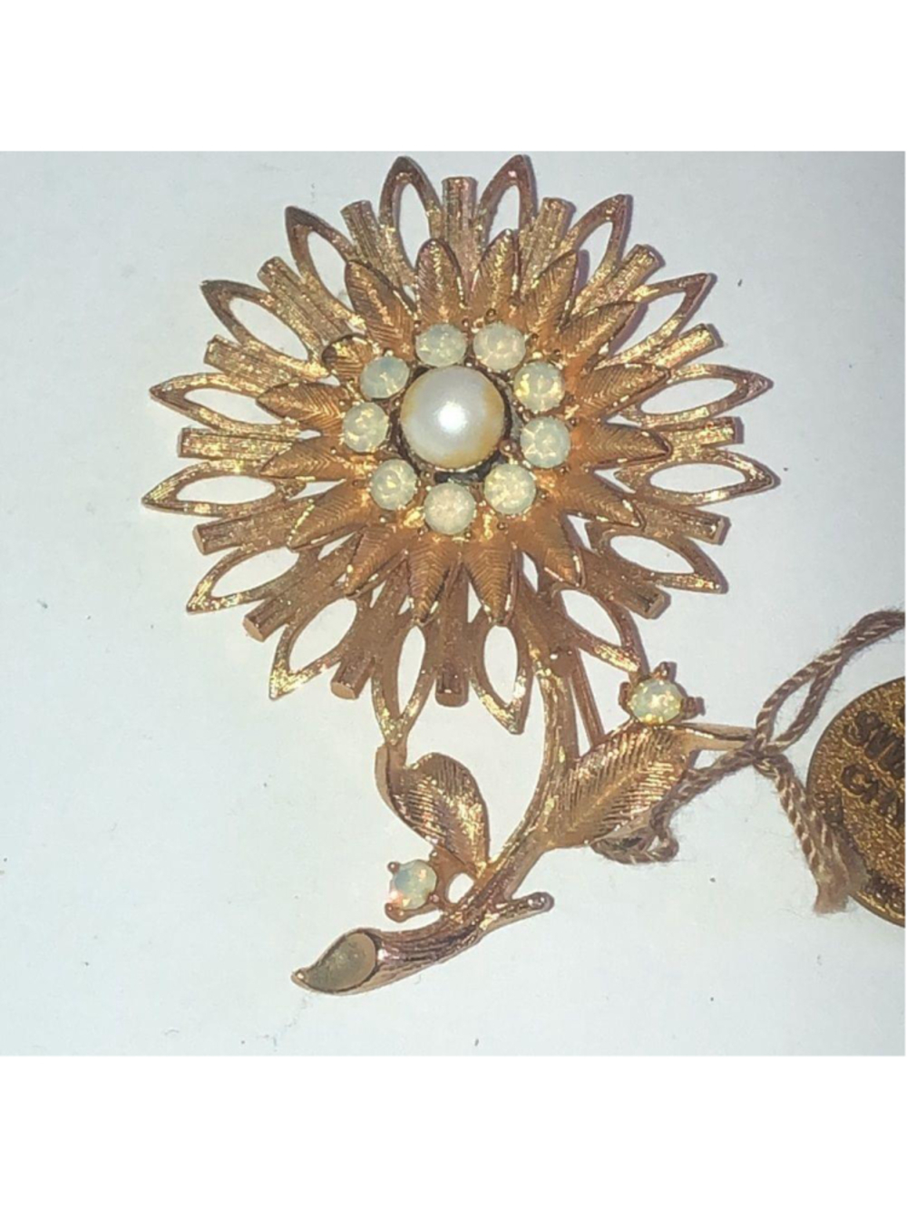Swarovski Vintage Gold Tone & Opaque Rhinestone Faux Pearl Flower Brooch Pin